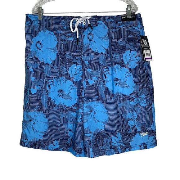 Speedo Blue Floral Drawstring Lined Beach Swim Trunks Shorts Size XXL Men's NEW - Picture 1 of 8
